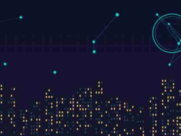 Conceptual illustration of real estate tokenization: a city skyline at night overlaid with a glowing blockchain network of connected nodes and a crypto token