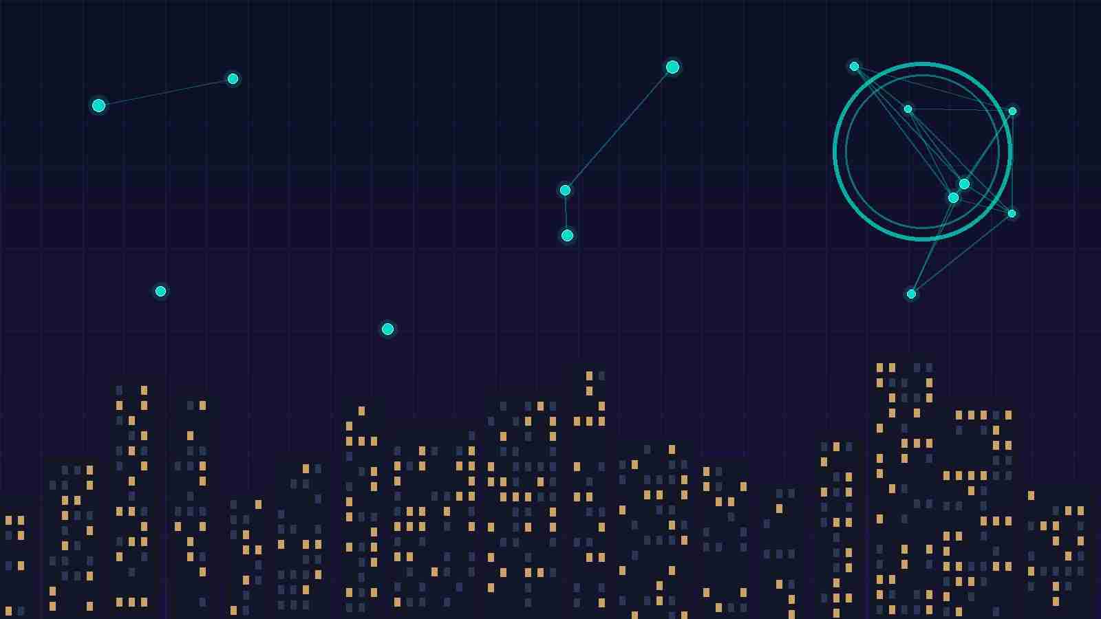 Conceptual illustration of real estate tokenization: a city skyline at night overlaid with a glowing blockchain network of connected nodes and a crypto token