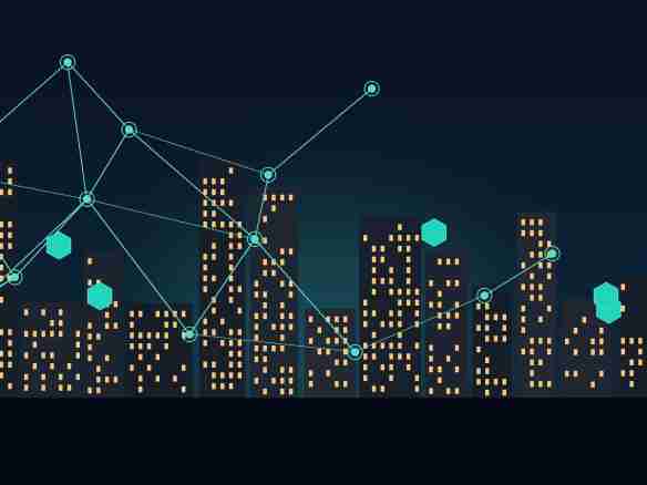Conceptual illustration of a city skyline connected by a blockchain network, representing real estate tokenization