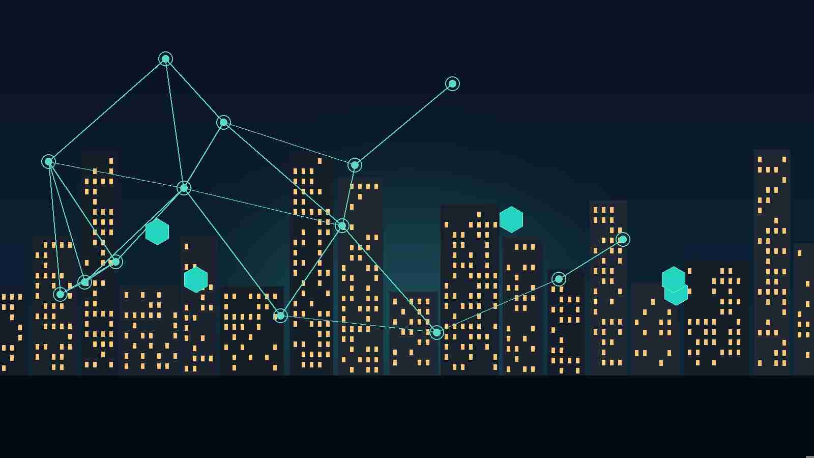 Conceptual illustration of a city skyline connected by a blockchain network, representing real estate tokenization