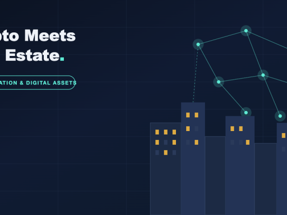Conceptual illustration of a city skyline connected to a blockchain network, symbolizing the link between real estate and crypto tokenization
