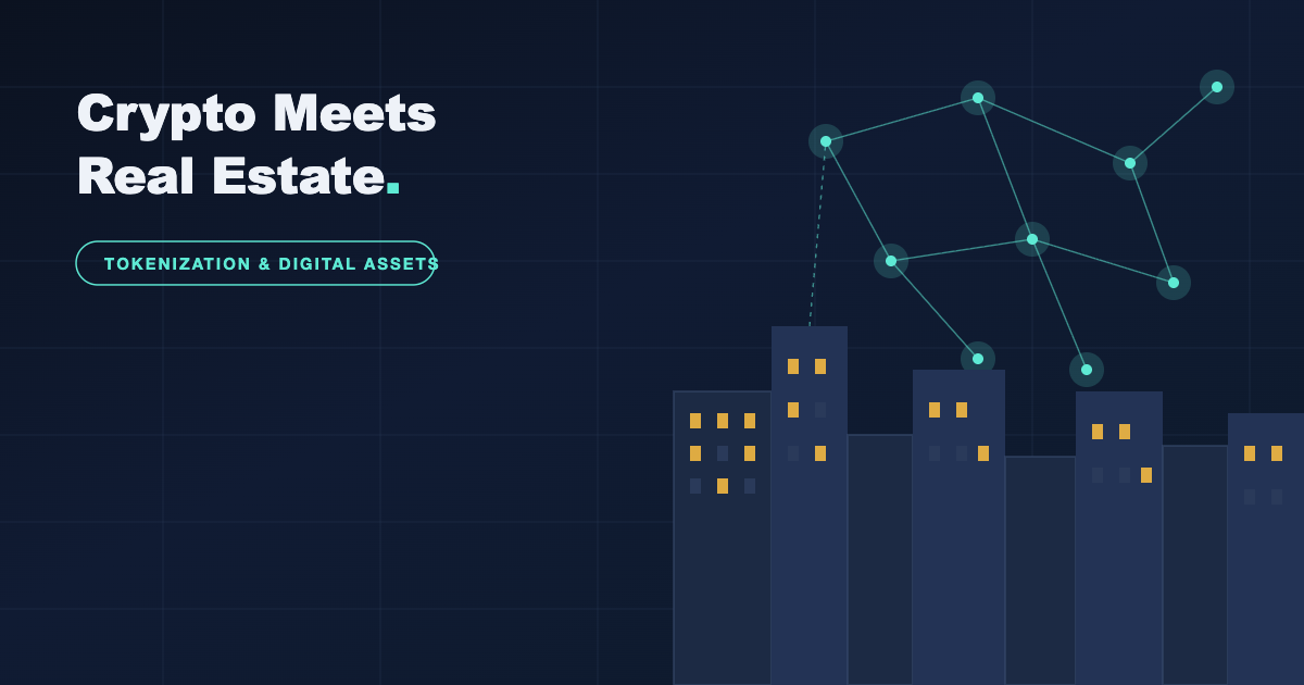 Conceptual illustration of a city skyline connected to a blockchain network, symbolizing the link between real estate and crypto tokenization