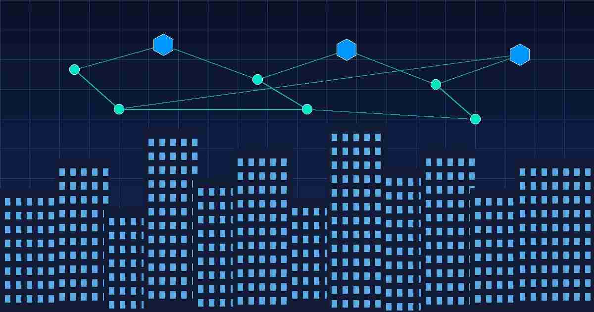 Conceptual illustration of a city skyline connected by a blockchain network, representing real estate tokenization