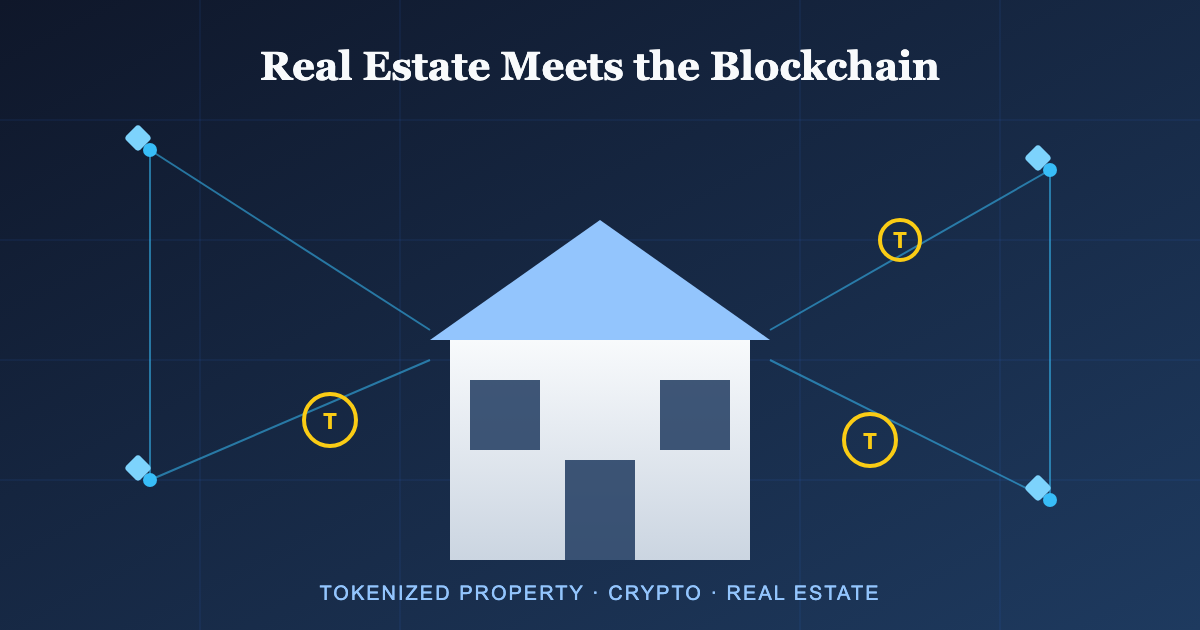 Illustration of a house connected to blockchain network nodes and token symbols, representing tokenized real estate