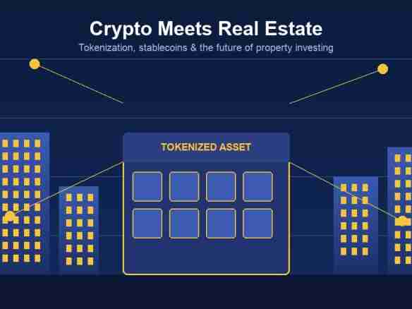 Illustration of a city skyline with a tokenized real estate asset card connected to blockchain network nodes, symbolizing crypto and real estate tokenization