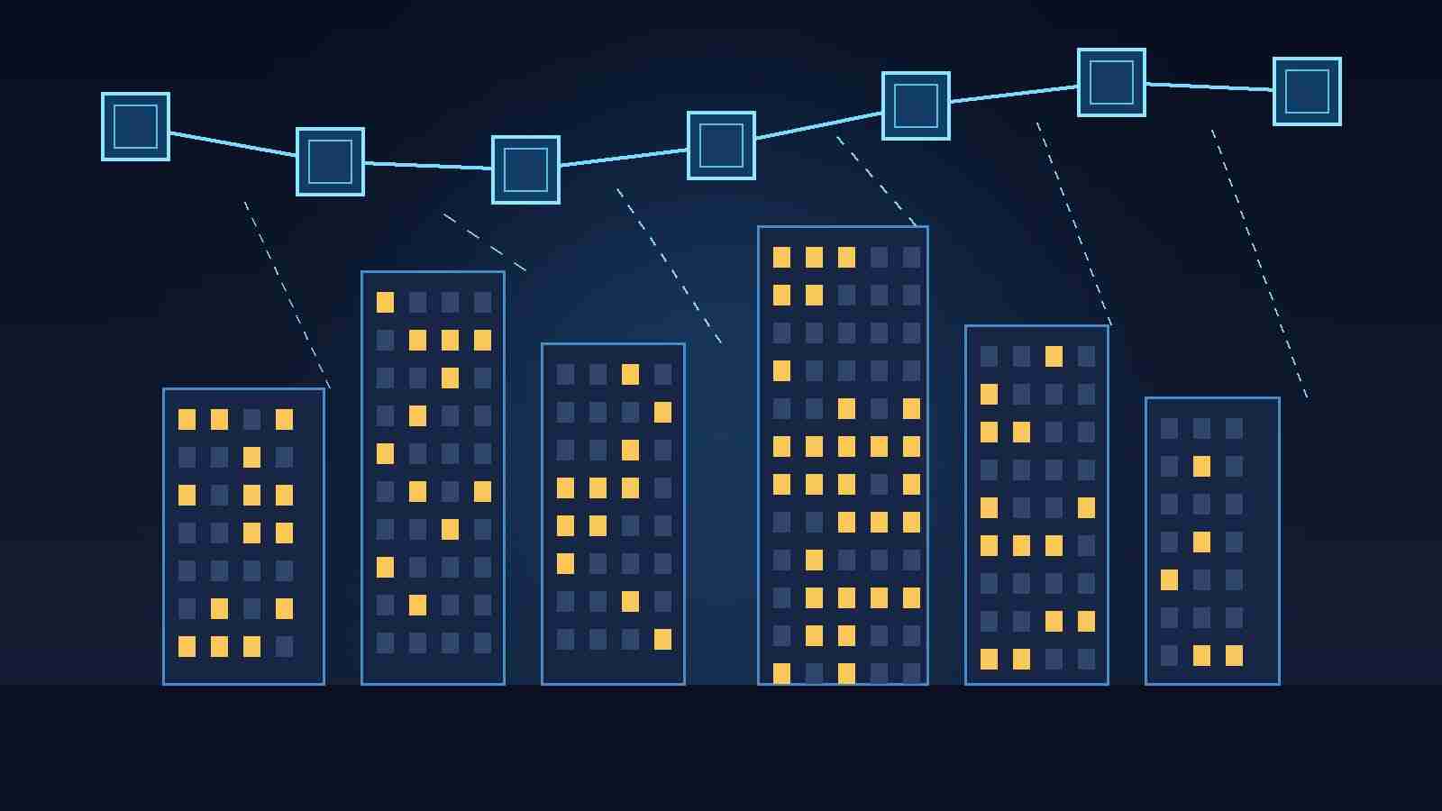 Illustration of condominium buildings at night connected by dotted lines to a chain of digital blocks, representing blockchain-based property records